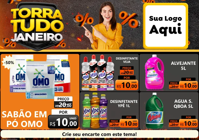 Modelo de Encarte para Encarte A4 Horizontal com o tema Torra Tudo Janeiro para Produtos de Limpeza
