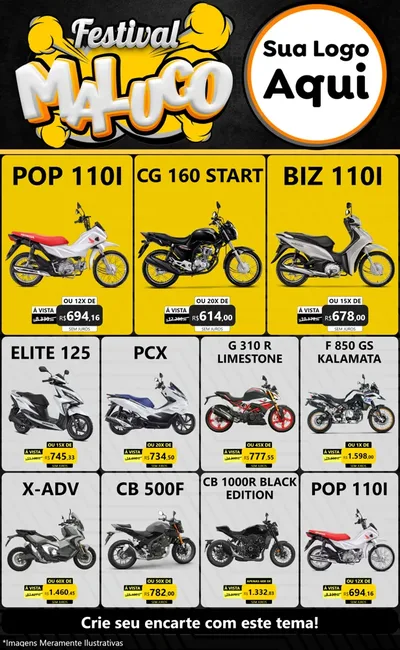 Modelo de Encarte para Encarte Grande com o tema Festival Maluco para Concessionaria de Motos