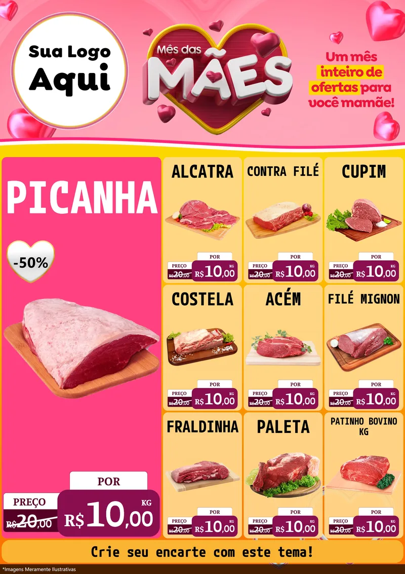 Modelo de Encarte para Encarte A4 Vertical com o tema Mês das Mães para Açougue
