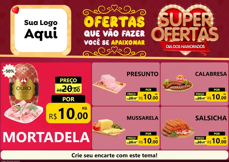 Modelo de Encarte para Encarte A4 Horizontal com o tema Dia dos Namorados para Frios e Laticínios