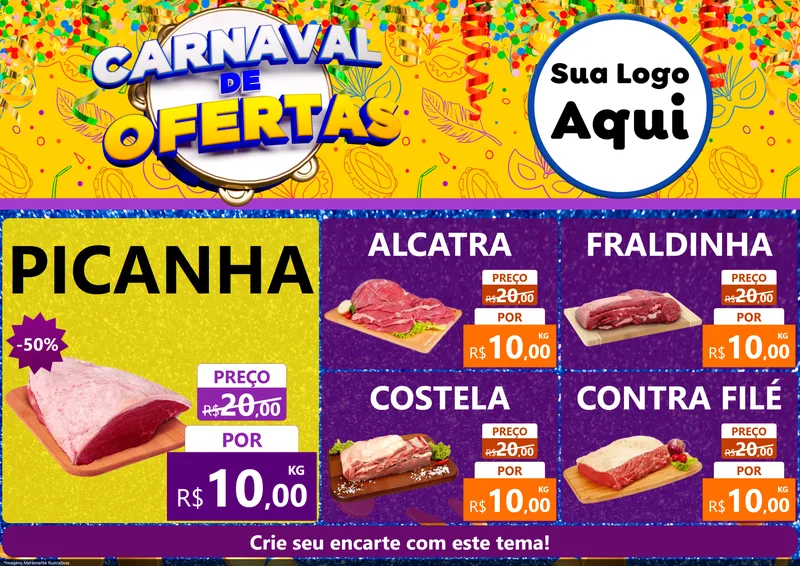 Modelo de Encarte para Encarte A4 Horizontal com o tema Carnaval de Ofertas para Açougue