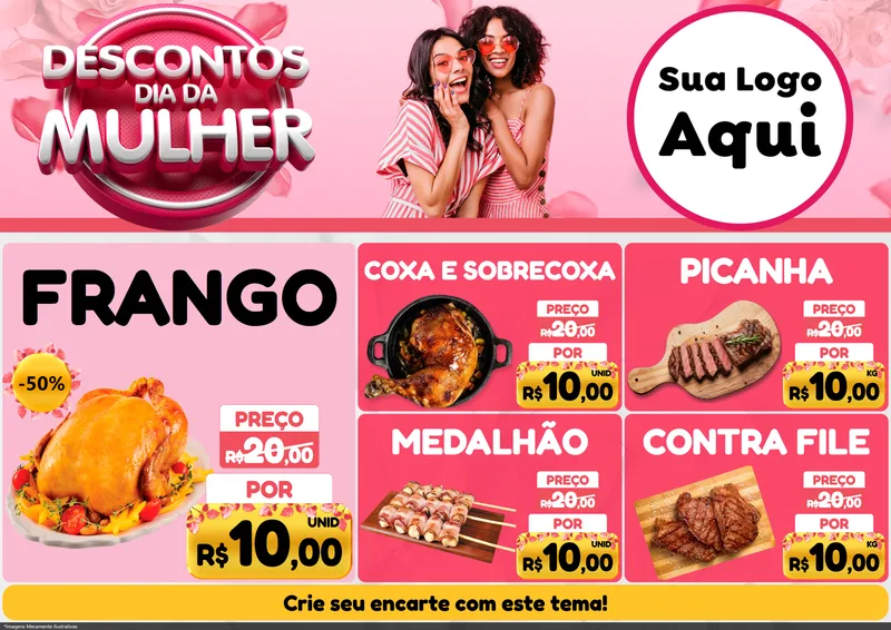 Modelo de Encarte para Encarte A4 Horizontal com o tema Descontos Dia da Mulher para Assados