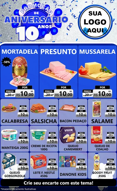 Modelo de Encarte para Encarte Grande com o tema Promoção de Aniversário - 10 Anos para Frios e Laticínios