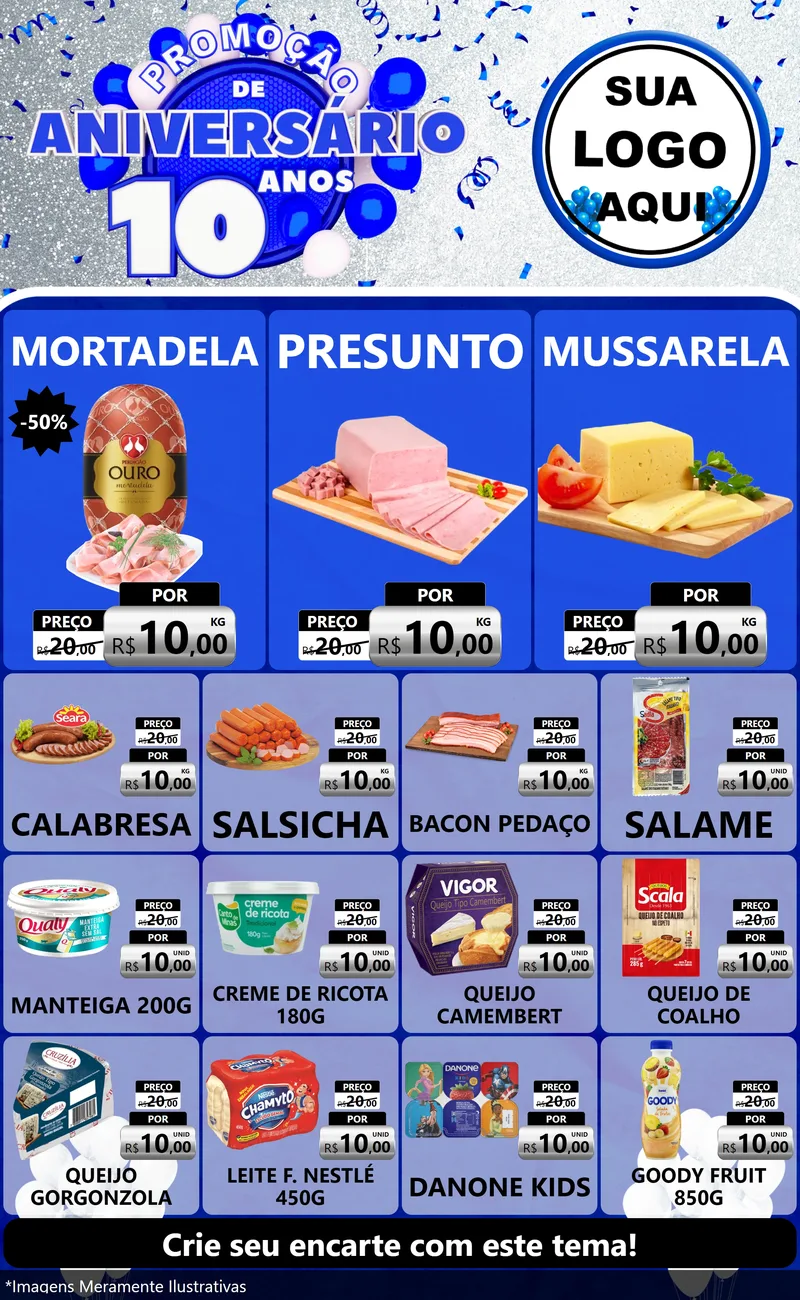 Modelo de Encarte para Encarte Grande com o tema Promoção de Aniversário - 10 Anos para Frios e Laticínios