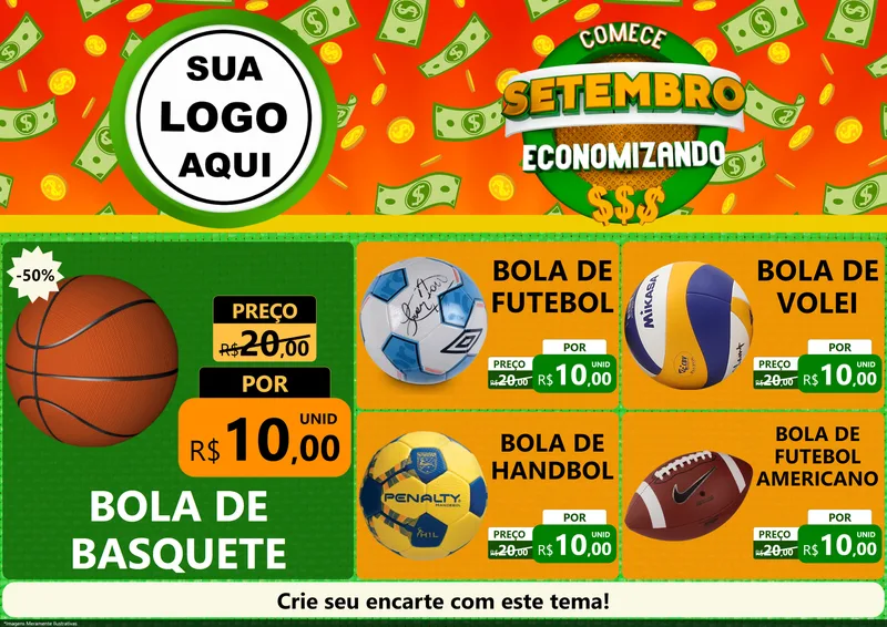 Modelo de Encarte para Encarte A4 Horizontal com o tema Comece Setembro Economizando para Artigos Esportivos