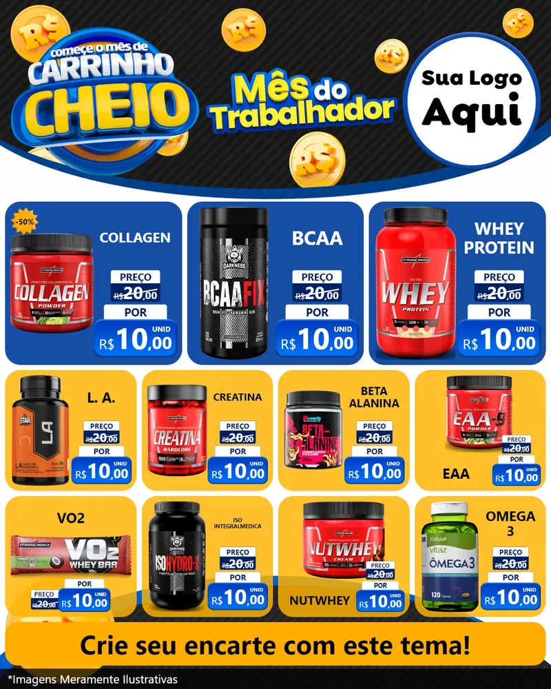 Modelo de Rede Social para Feed Instagram com o tema Comece o Mês de Carrinho Cheio para Suplementos alimentares