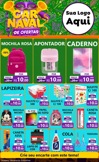 Modelo de Encarte para Encarte Grande com o tema Carnaval de Ofertas para Papelaria