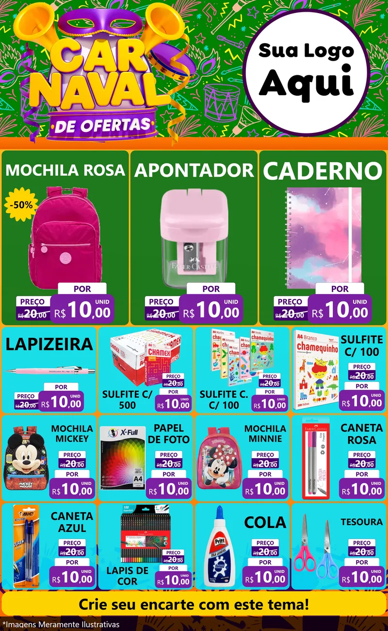 Modelo de Encarte para Encarte Grande com o tema Carnaval de Ofertas para Papelaria