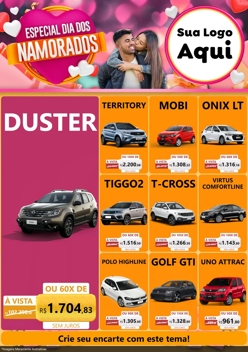 Modelo de Encarte para Encarte A4 Vertical com o tema Especial Dia dos Namorados para Concessionaria de Carros