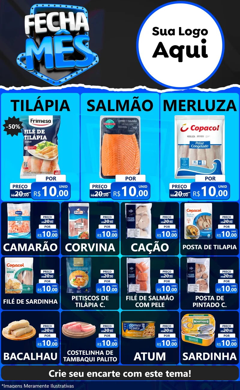 Modelo de Encarte para Encarte Grande com o tema Fecha Mês para Peixaria