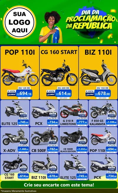 Modelo de Encarte para Encarte Grande com o tema Dia Da Proclamação Da República para Concessionaria de Motos