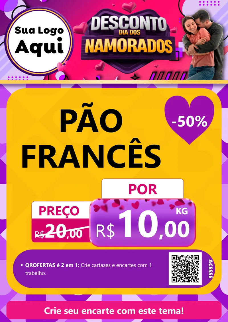 Modelo de Cartaz para Cartaz A4 Vertical com o tema Desconto Dia dos Namorados para Padaria