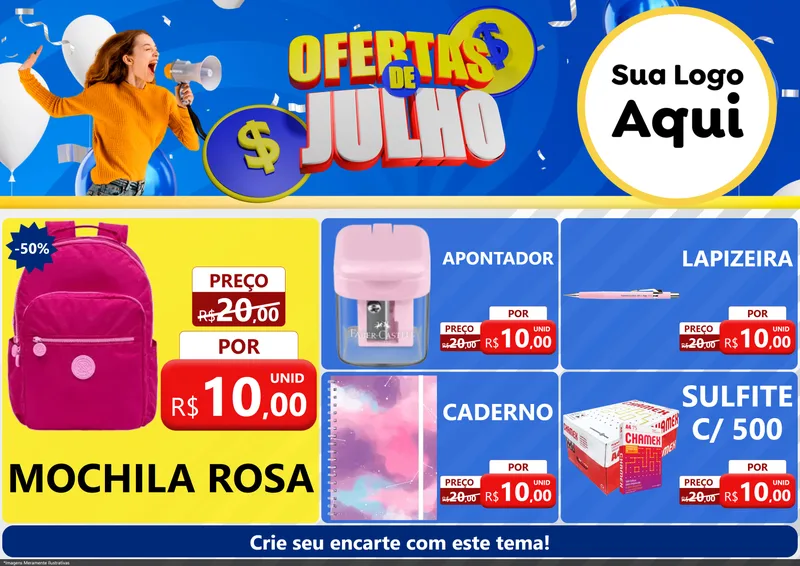 Modelo de Encarte para Encarte A4 Horizontal com o tema Ofertas de Julho para Papelaria