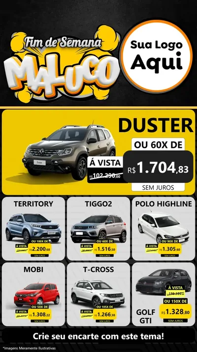 Modelo de Rede Social para Stories com o tema Fim de Semana Maluco para Concessionaria de Carros