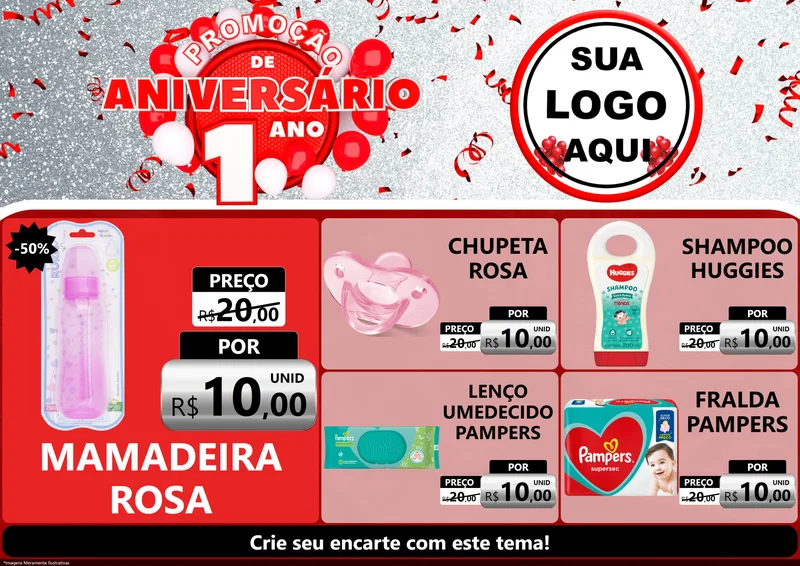 Modelo de Encarte para Encarte A4 Horizontal com o tema Promoção de Aniversário - 1 Ano para Bebês