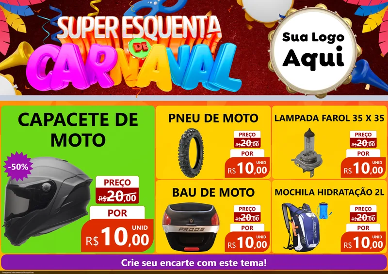 Modelo de Encarte para Encarte A4 Horizontal com o tema Super Esquenta de Carnaval para Moto peças