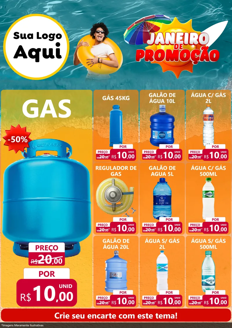 Modelo de Encarte para Encarte A4 Vertical com o tema Janeiro de Promoção para Água e gás