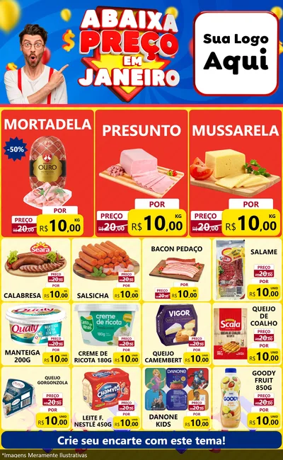 Modelo de Encarte para Encarte Grande com o tema Abaixa Preço em Janeiro para Frios e Laticínios