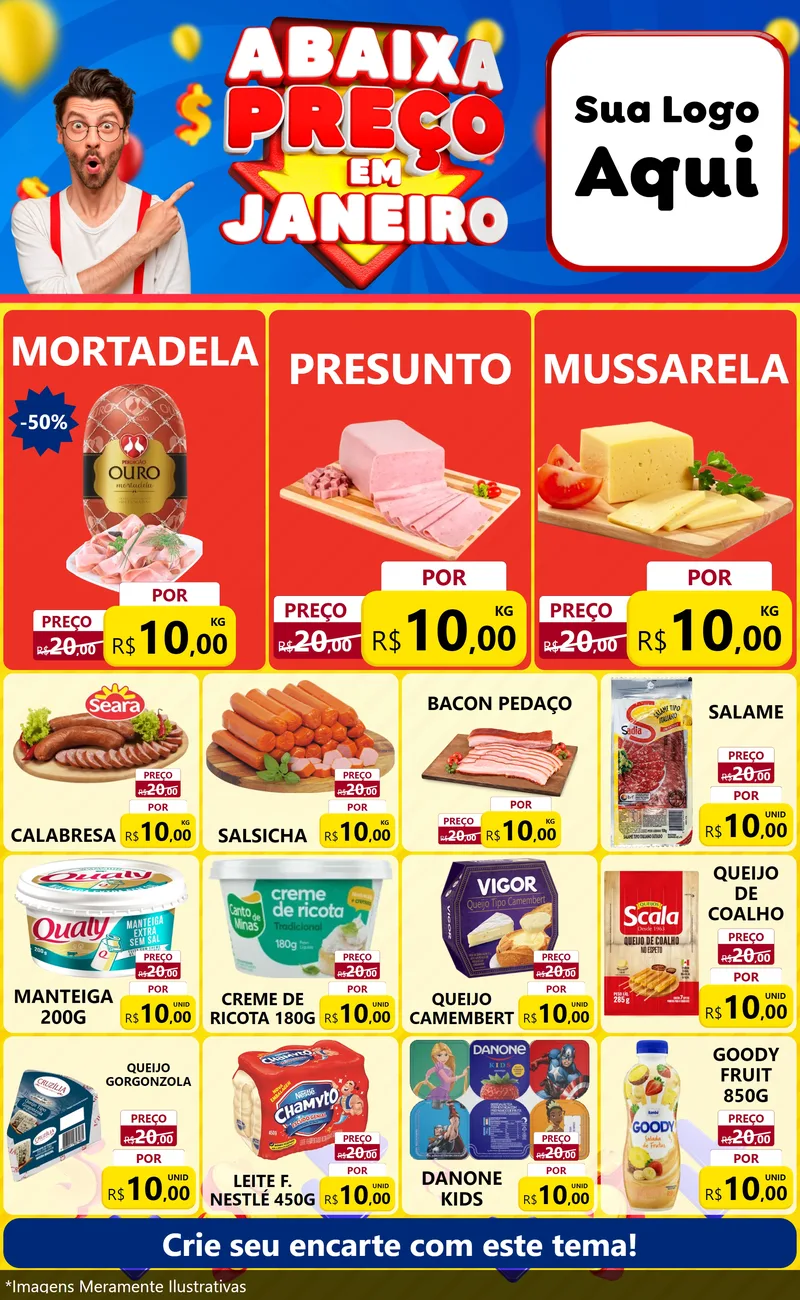 Modelo de Encarte para Encarte Grande com o tema Abaixa Preço em Janeiro para Frios e Laticínios