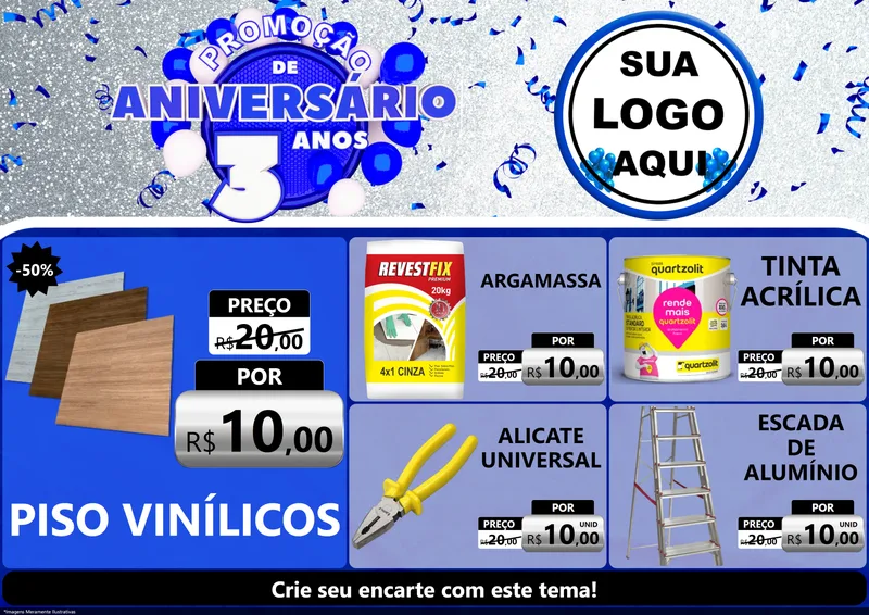 Modelo de Encarte para Encarte A4 Horizontal com o tema Promoção de Aniversário - 3 Anos para Material para Construção