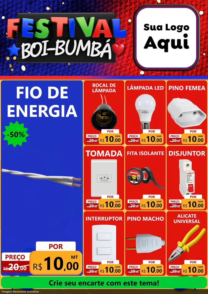 Modelo de Encarte para Encarte A4 Vertical com o tema Festival Boi-Bumbá para Materiais Elétricos