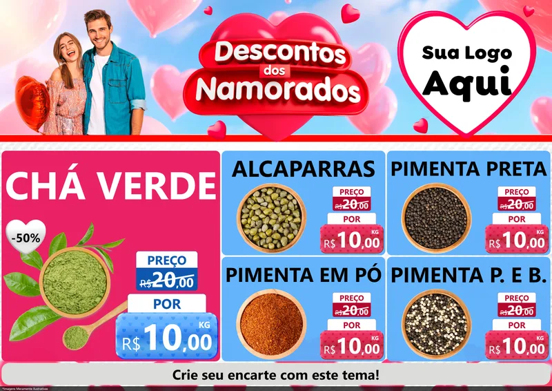 Modelo de Encarte para Encarte A4 Horizontal com o tema Descontos dos Namorados para Produtos Naturais