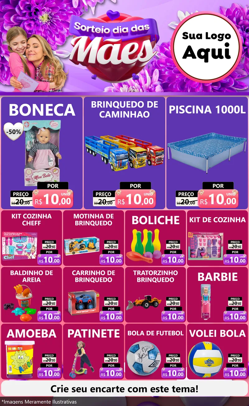 Modelo de Encarte para Encarte Grande com o tema Sorteio Dia das Mães para Brinquedos