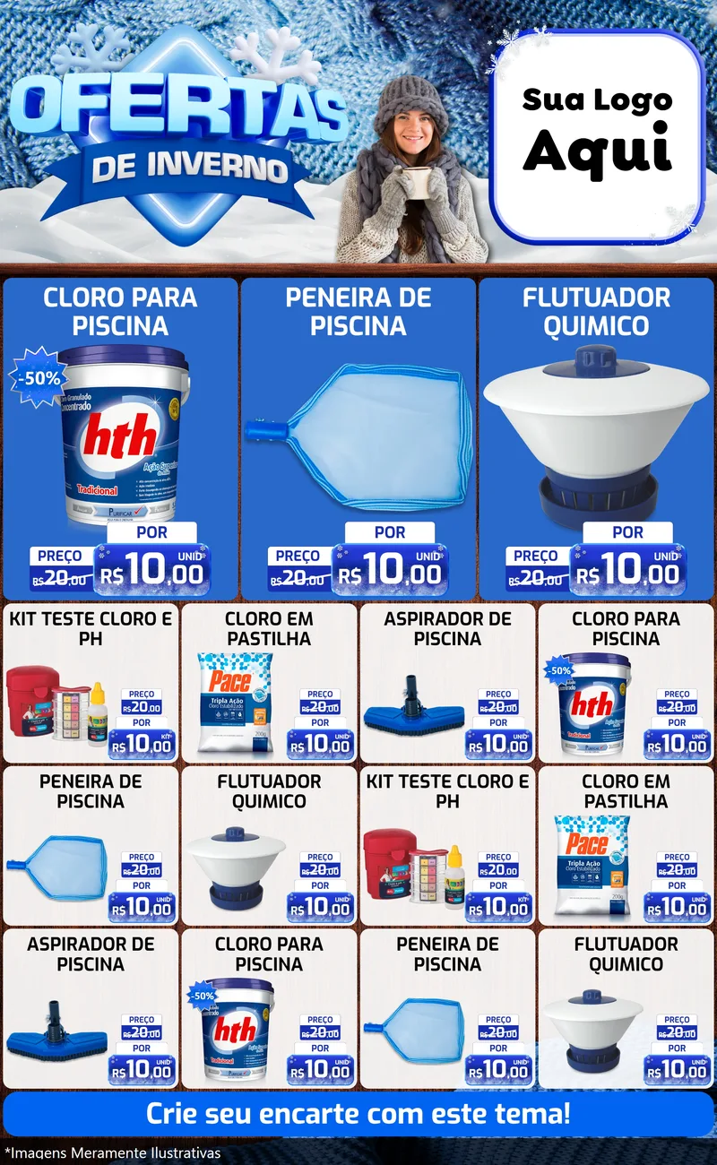 Modelo de Encarte para Encarte Grande com o tema Ofertas de Inverno para Produtos para Piscina
