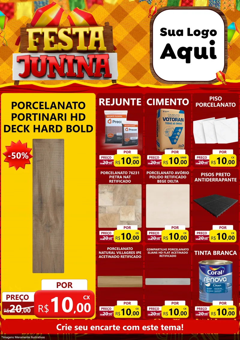 Modelo de Encarte para Encarte A4 Vertical com o tema Festa Junina para Pisos e revestimentos