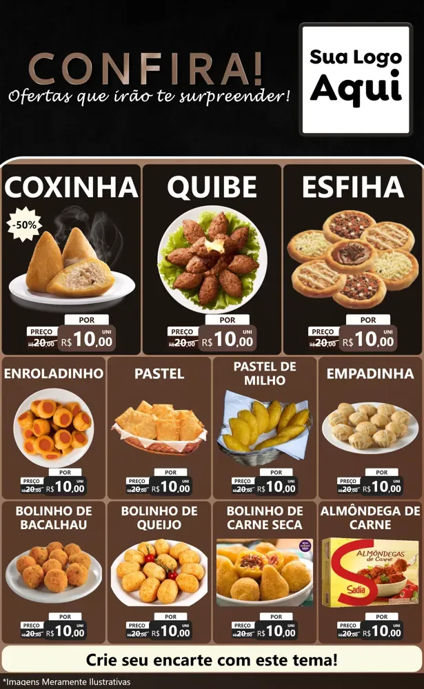 Modelo de Encarte para Encarte Grande com o tema Confira! Ofertas que irão te surpreender! para Salgadaria