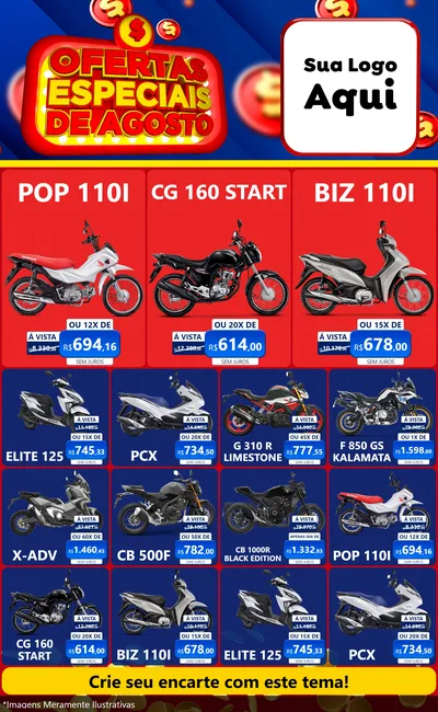 Modelo de Encarte para Encarte Grande com o tema Ofertas Especiais de Agosto para Concessionaria de Motos