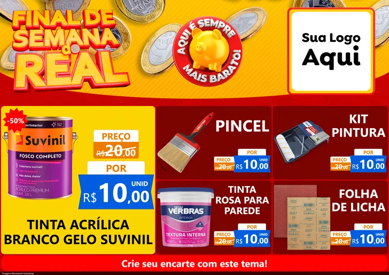 Modelo de Encarte para Encarte A4 Horizontal com o tema Final de Semana do Real para Tintas e Ferramentas