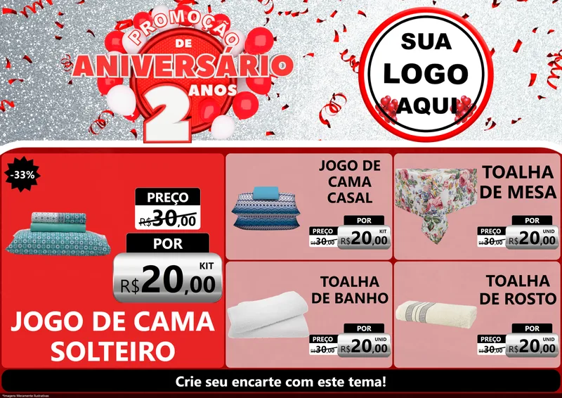 Modelo de Encarte para Encarte A4 Horizontal com o tema Promoção de Aniversário - 2 Anos para Cama, Mesa e Banho