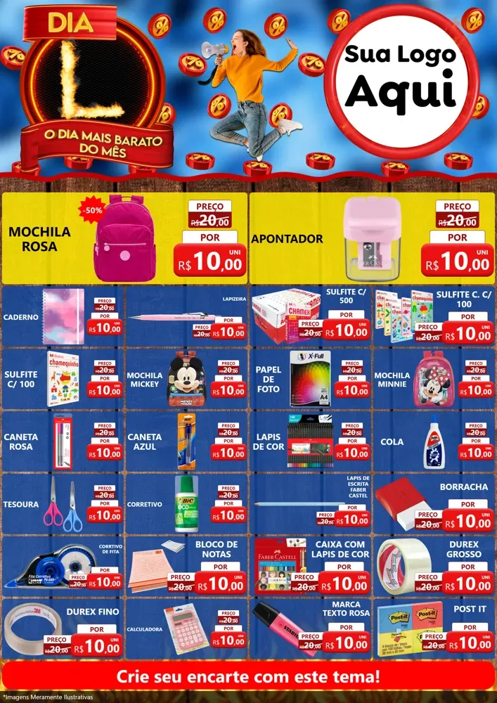 Modelo de Encarte para Encarte A4 Vertical com o tema Dia L - O Dia Mais Barato Do Mês para Papelaria