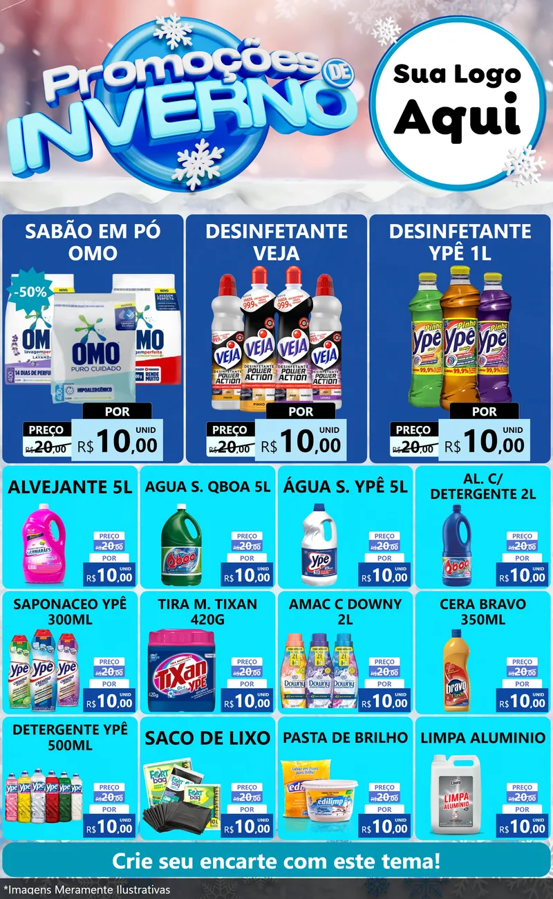 Modelo de Encarte para Encarte Grande com o tema Promoções de Inverno para Produtos de Limpeza