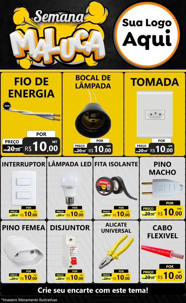 Modelo de Encarte para Encarte Grande com o tema Semana Maluca para Materiais Elétricos