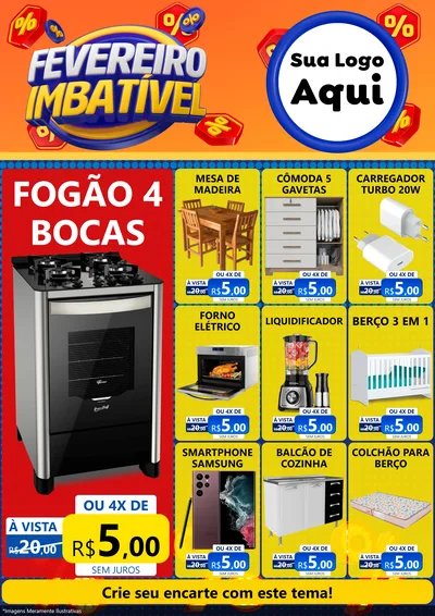 Modelo de Encarte para Encarte A4 Vertical com o tema Fevereiro Imbatível para Móveis e Eletro