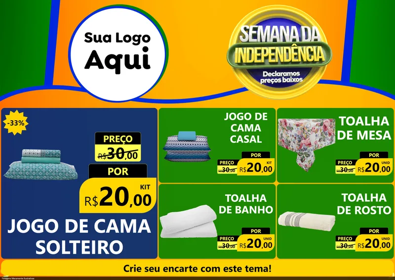 Modelo de Encarte para Encarte A4 Horizontal com o tema Semana da Independência Declaramos Preços Baixos para Cama, Mesa e Banho