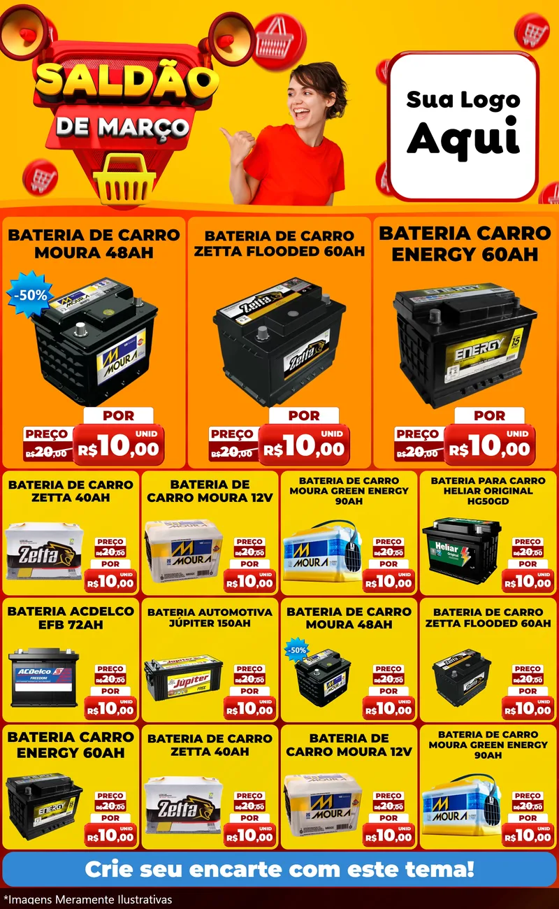 Modelo de Encarte para Encarte Grande com o tema Saldão de Março para Baterias Elétricas