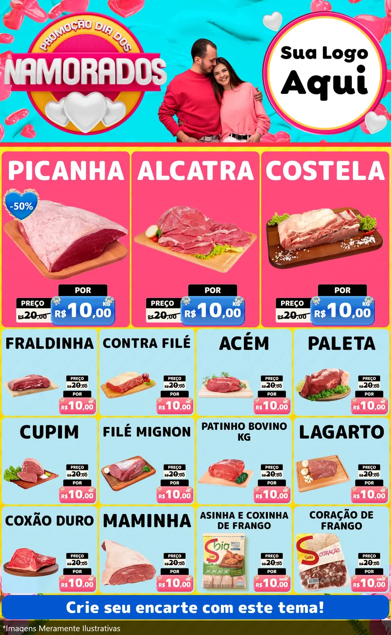 Modelo de Encarte para Encarte Grande com o tema Promoção Dia dos Namorados para Açougue