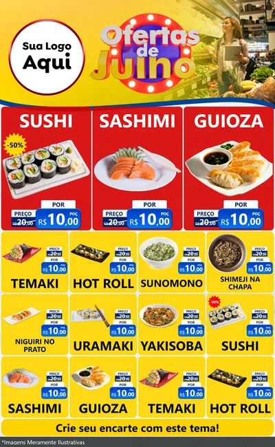 Modelo de Encarte para Encarte Grande com o tema Ofertas de Julho para Comida japonesa