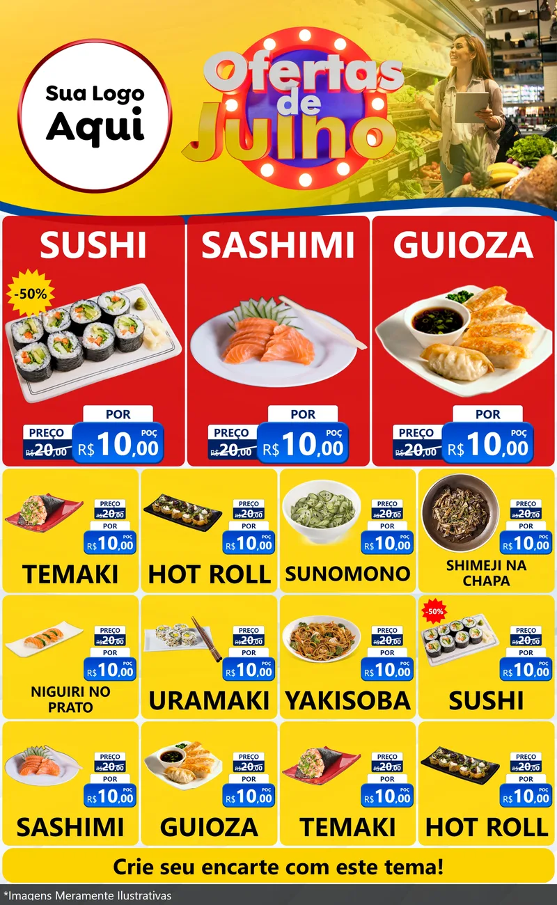 Modelo de Encarte para Encarte Grande com o tema Ofertas de Julho para Comida japonesa