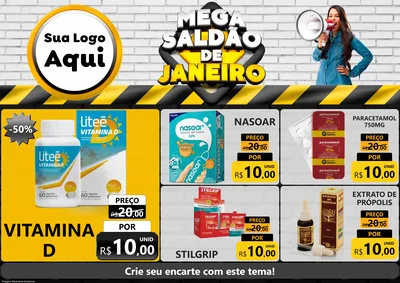 Modelo de Encarte para Encarte A4 Horizontal com o tema Mega Saldão de Janeiro para Farmácia