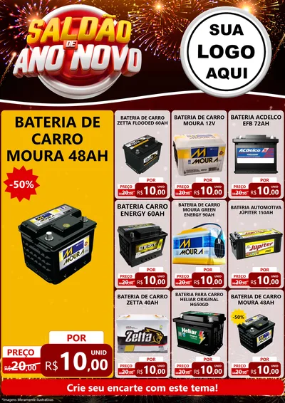Modelo de Encarte para Encarte A4 Vertical com o tema Saldão de Ano Novo para Baterias Elétricas