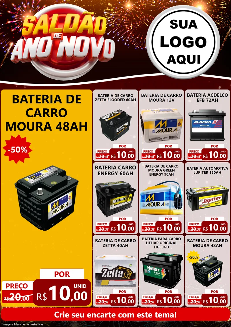Modelo de Encarte para Encarte A4 Vertical com o tema Saldão de Ano Novo para Baterias Elétricas