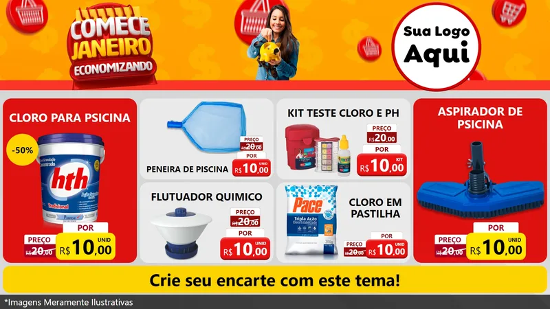 Modelo de TV para TV Horizontal com o tema Comece Janeiro Economizando para Produtos para Piscina