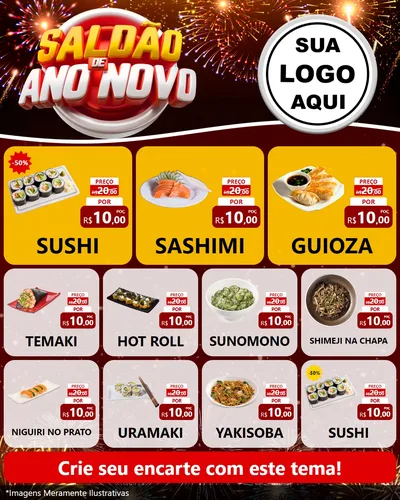 Modelo de Rede Social para Feed Instagram com o tema Saldão de Ano Novo para Comida japonesa