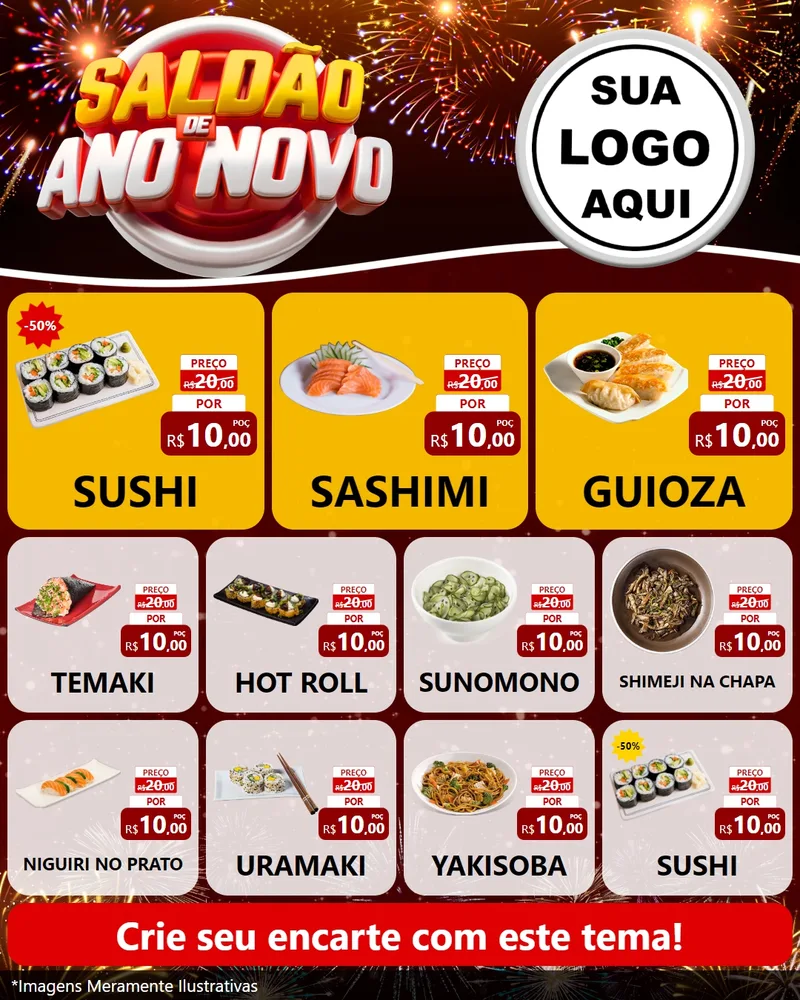 Modelo de Rede Social para Feed Instagram com o tema Saldão de Ano Novo para Comida japonesa