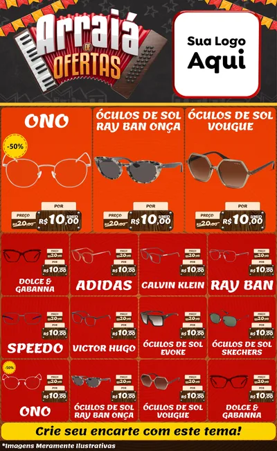 Modelo de Encarte para Encarte Grande com o tema Arraiá de Ofertas - Junina para Óticas