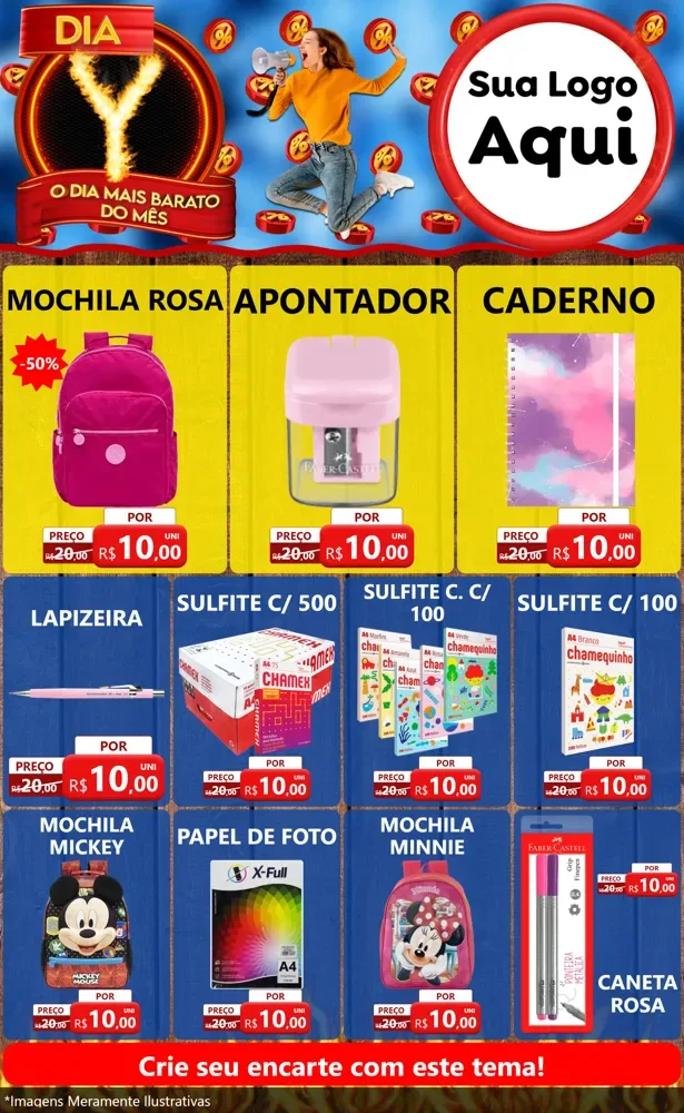 Modelo de Encarte para Encarte Grande com o tema Dia Y - O Dia Mais Barato Do Mês para Papelaria